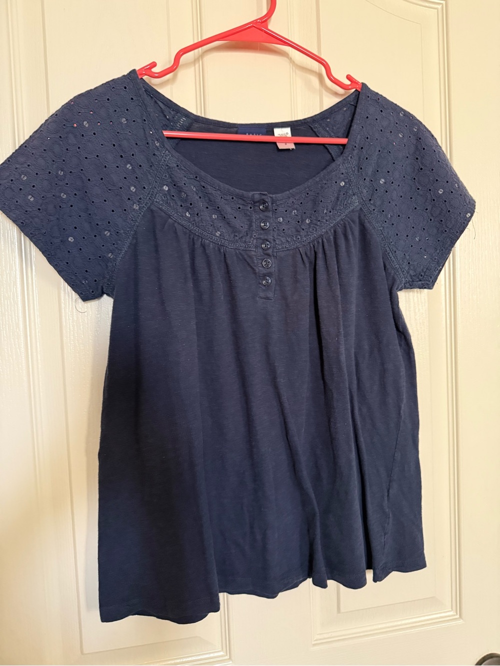 Basic Editions Navy Eyelet Yoke Short Sleeve Top